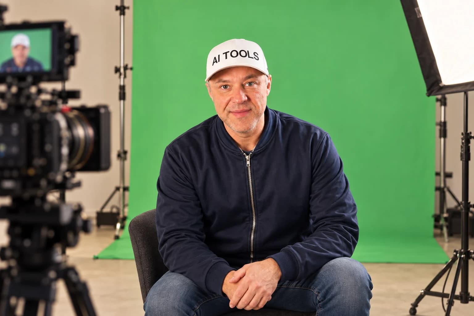 Editorial image of Matt seated in front of a green screen filming setup