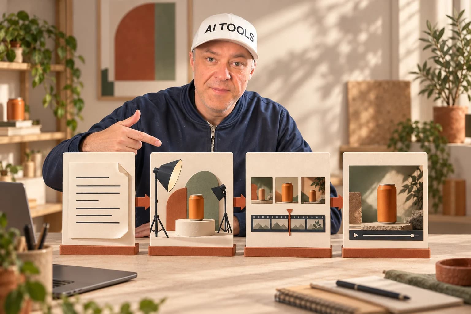 Editorial image of Matt guiding four video stages: script, filming, editing, and finished video